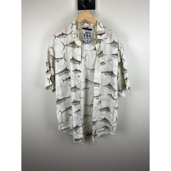 Tag & Brag All Over Print AOP Sword Fish Button Up Tee Shirt - L - Picture 12 of 12